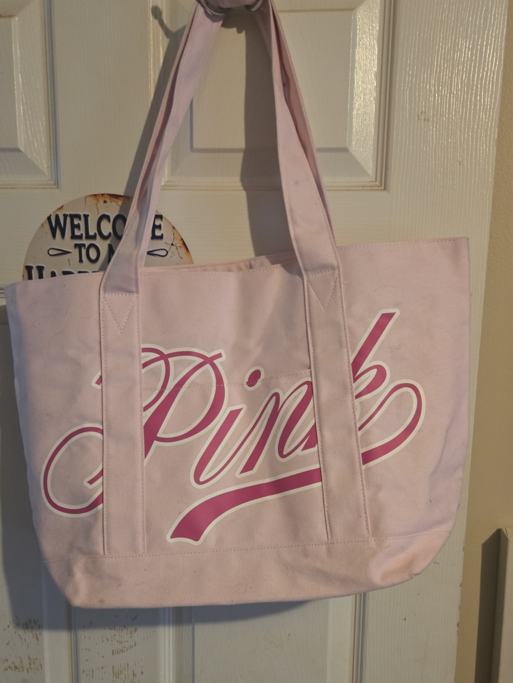 PINK Victoria's Secret Pale Pink Canvas Tote with Script Logo